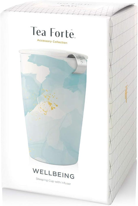 Tea Forte Double-Walled Ceramic Kati Cup, Removable Stainless Steel Infuser Basket and Lid, Steeps 12 oz Loose Leaf Tea, Dishwasher & Microwave Safe, Wellbeing