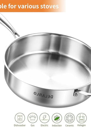 DELARLO Tri-Ply Stainless Steel Frying Pan,12 inch Skillet with Lid,6 Quart Saute Pan,Compatible with All Cooktops,Oven Up to 660℉,Chicken Fryer,Dishwasher-Friendly