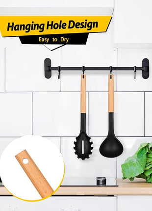 Silicone Pasta Fork and Ladle Spoon Set with Wooden Handle, Heat Resistant Non Stick Kitchen Utensils for Cooking, Stirring, Serving Spaghetti, Soup, Sauce(BLACK)