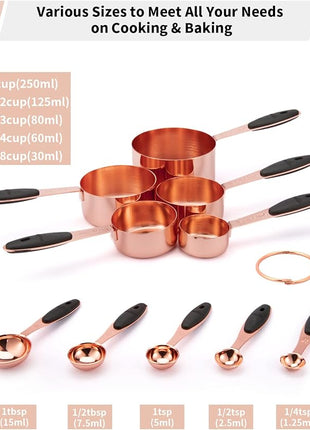 Joyhill Copper Measuring Cups and Spoons Set of 10 Piece, Stainless Steel Nesting Measuring Cup Set with Soft Touch Silicone Handles for Dry and Liquid Ingredients