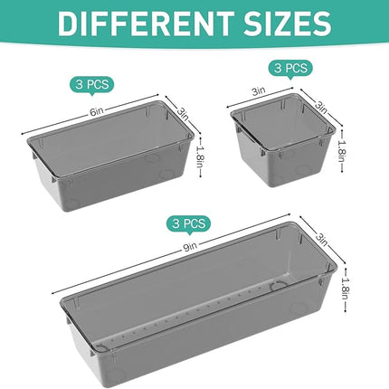 WOWBOX 9 Pack Clear Drawer Organizer Set, Acrylic Drawer Storage Trays, Storage Bins for Makeup, Cosmetics, Jewelries, Utensils, Gadgets, Office, Black