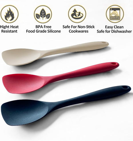 Upgrade Silicone Spatula Spoon Set,VOVOLY Heat Resistant Rubber Spoonula, Seamless Non-Stick Flexible Scrapers for Baking Mixing Tool,3 Pack, Kahki