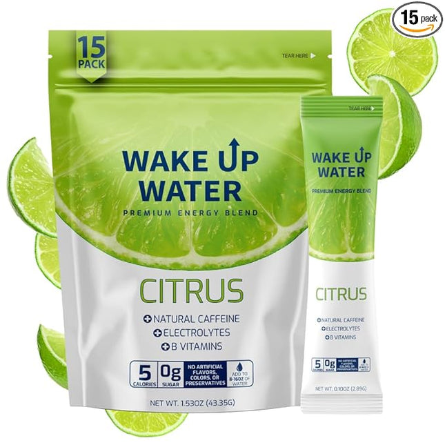 Wake Up Water Energy Drink Mix, Sugar Free Clean Energy Powder with Electrolytes & B Vitamins, Natural Caffeine for Focus & Hydration (15 Pack) - Citrus
