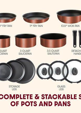T-fal Ingenio Expertise Non Stick Cookware Set 14 Piece, Induction, Oven Broiler Safe 500F, Stackable, Pots and Pans, RV, Camping, Fry Pans, Dishwasher Safe, Detachable/Removable Handle, Copper