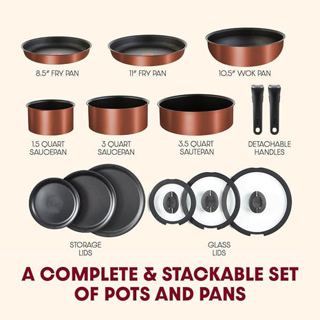 T-fal Ingenio Expertise Non Stick Cookware Set 14 Piece, Induction, Oven Broiler Safe 500F, Stackable, Pots and Pans, RV, Camping, Fry Pans, Dishwasher Safe, Detachable/Removable Handle, Copper
