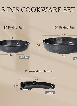 GiPP Ceramic Non Stick Frying Pans Set Removable Handle, Dishwasher & Oven Safe Nonstick Skillets with Detachable Handle, Healthy Cooking Compatible with All Stovetops, PFOA Free, RV Cookware set