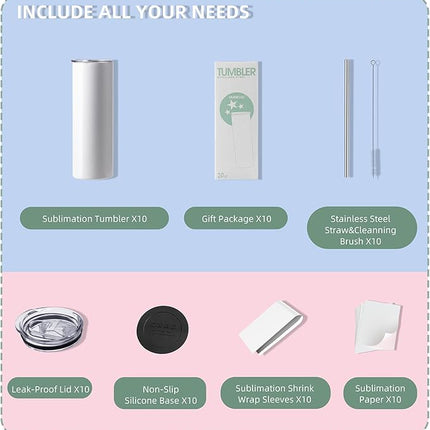 MURRICON Sublimation Tumblers 20 oz Skinny Straight,Stainless Steel Sublimation Blanks Skinny Tumbler,Double Wall Vacuum Insulated Tumblers,with lid and straw,10 Pack