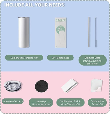 MURRICON Sublimation Tumblers 20 oz Skinny Straight,Stainless Steel Sublimation Blanks Skinny Tumbler,Double Wall Vacuum Insulated Tumblers,with lid and straw,10 Pack