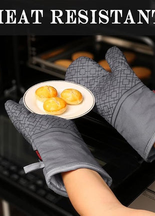 Oven Mitts and Pot Holders Sets 6pcs, Kitchen Oven Glove,High Heat Resistant 550 Degree Extra Long Oven Mitts and Potholders with Non-Slip Silicone Surface for Apartment Essentials (Grey) (Gray)