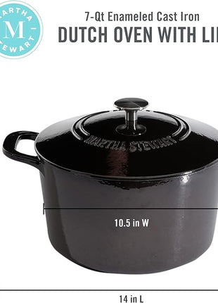 MARTHA STEWART Gatwick 7-Quart Enamel Cast Iron Dutch Oven Pot with Lid – Grey – Heavy-Duty Dutch Oven for Slow Cooking, Braising & Baking