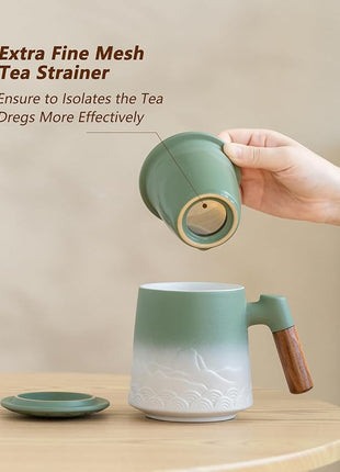 ZENS Tea Mug with Infuser and Lid for Loose Leaf Steeper, 16.9 oz Embossed Ceramic Tea Cup with Fine Tea Strainers, Wood Handle Large Tea Diffusers Mugs for Tea Lovers Gifts
