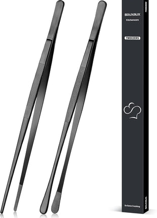 2 Pcs 12-inch Cooking Tweezers Tongs Precision Serrated Tips, Stainless Steel Professional Chef Tweezer Kitchen Tools for BBQ, Plating and Serving (Black)
