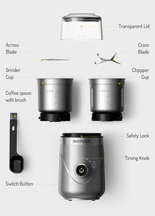 SHARDOR Electric Super Silent Blade Coffee Grinder, Timed Grind Control Rotary Knob, Adjustable Coarse to Fine for Coffee Beans, Spices & Herbs, with 2 Removable Stainless Steel Bowl, Silver