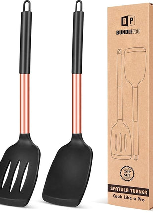 Pack of 2 Silicone Solid Turner, Non Stick Slotted Kitchen Spatulas, High Heat Resistant BPA Free Cooking Utensils, Ideal Cookware for Fish, Eggs, Pancakes(Rose Gold Black)