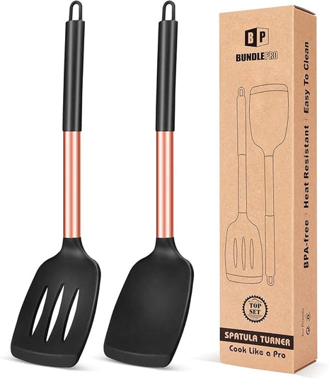 Pack of 2 Silicone Solid Turner, Non Stick Slotted Kitchen Spatulas, High Heat Resistant BPA Free Cooking Utensils, Ideal Cookware for Fish, Eggs, Pancakes(Rose Gold Black)