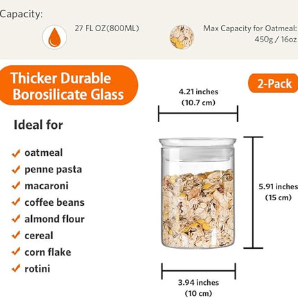 ZENS 27oz Glass Jars with Airtight Lid Set of 2, Clear Glass Storage Containers, Glass Kitchen Canisters with Airtight Lids, Coffee Jars for Brown Sugar, Pantry Organization