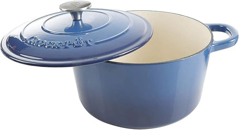 Crock-Pot Artisan 5-Quart Round Enameled Cast Iron Dutch Oven – Blue, Durable Heavy-Duty Cookware for Slow Cooking, Roasting, Baking with Lid