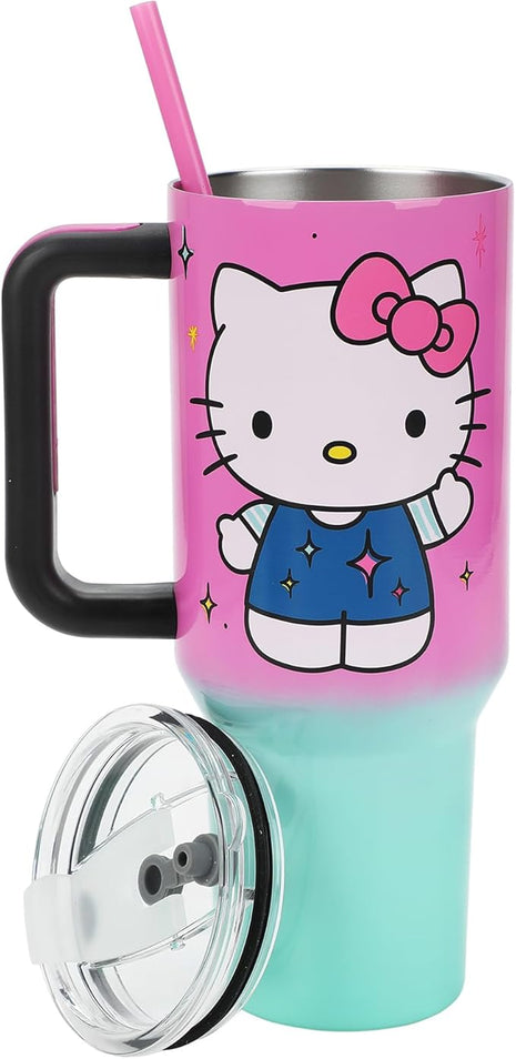Bioworld Hello Kitty “Never Lose Your Spark” Vacuum Insulated 40 Oz. Pink & Green Ombre Stainless Steel Tumbler with Leak-Proof Lid & Easy Carry Handle for Travel or Home