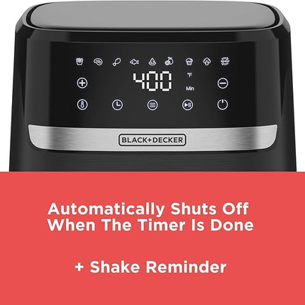 BLACK+DECKER Purifry 6QT Air Fryer, Timer with Auto Shut-off and Shake Reminder, Digital LED Touchscreen and 9 Presets, 1500w up to 400 F, Dishwasher Safe Parts