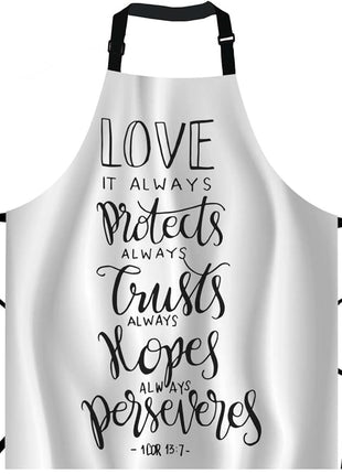 EKOBLA Bible Verse Aprons Love It Protect Always Trust Always Hopes Always Perseveres Waterproof Resistant Chef Cooking Kitchen BBQ Adjustable Aprons for Women Men 27x31 Inch