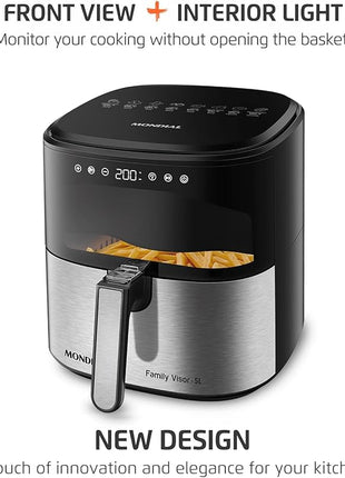 Mondial - Air Fryer Digital Visor Inox 5.3QT Capacity - High Power & Elegant Stainless Steel Finish - Black & Inox