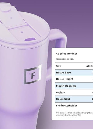 IRON °FLASK Co-Pilot Insulated Mug w/Straw & Flip Cap Lids - Cup Holder Bottle for Hot, Cold Drink - Leak-Proof- Water, Coffee Portable Travel Tumbler - Lavender, 40 Oz