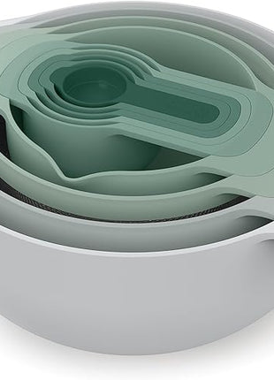 Joseph Joseph Nest 9 Plus, 9 Piece Compact Food Preparation Set with Mixing Bowls, Measuring cups, Sieve and Colander, Editions Range, Sage Green