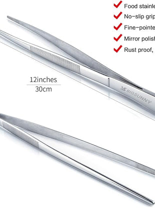 12 Inch Kitchen Tweezers Fine Tweezer Tongs, MSY BIGSUNNY Stainless Steel Food Tweezers Multi-function Precision Serrated Tips Cooking Tongs Kitchen Serving Tong