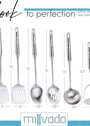 Stainless Steel Kitchen Utensil Set, Cooking Utensils, Set of 6 Kitchen Tools, Solid Spoon, Slotted Spoon, Solid Turner, Slotted Turner, Soup Ladle, Potato Masher, Dishwasher Safe