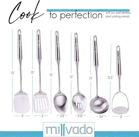 Stainless Steel Kitchen Utensil Set, Cooking Utensils, Set of 6 Kitchen Tools, Solid Spoon, Slotted Spoon, Solid Turner, Slotted Turner, Soup Ladle, Potato Masher, Dishwasher Safe