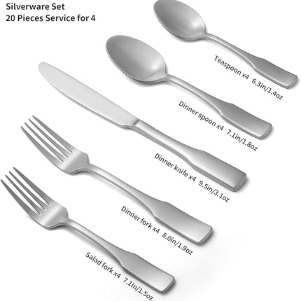 Alata Kate Satin 20-Piece Silverware Set,Service for 4,Stainless Steel Flatware Set,Matte Satin Polished Cutlery Set,Dishwasher Safe