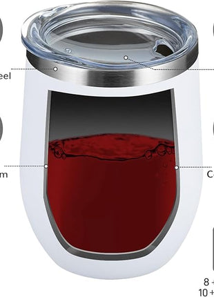 MEWAY 12oz/8 Pack Wine Tumbler Glasses with Lid - Stemless Double Wall Vacuum Stainless Steel Travel Tumbler - Keeping Cold & Hot for Wine,Coffee,Cocktails,Drinks-Family and Gifts (White,Set of 8)