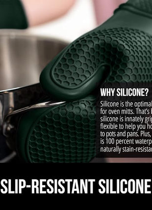GORILLA GRIP BPA-Free Soft Silicone Oven Mitts, 14.5x8.3, Heat Resistant and Waterproof Cooking Gloves, Thick Cotton Lining, Flexible Gripping for Baking Grilling, Kitchen Potholders Set, Hunter Green