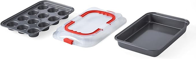 Nifty Solutions Cake Pan & Muffin Pan with Lid, 2 Piece Baking Pans Set - 9 x 13 Cake Pan & 12-Cup Muffin Pan, Non-Stick Pans, Kitchen Bakeware, Dishwasher Safe