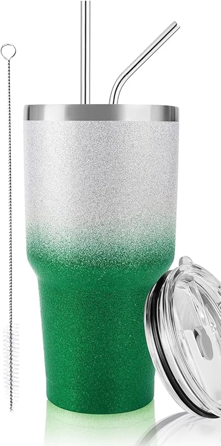 D·S 30 oz Tumbler Christmas Green Glitter Gradient Cup Stainless Steel Double Wall Vacuum Insulated Mug with Straw and Lid, Cleaning Brush for Cold and Hot Beverages