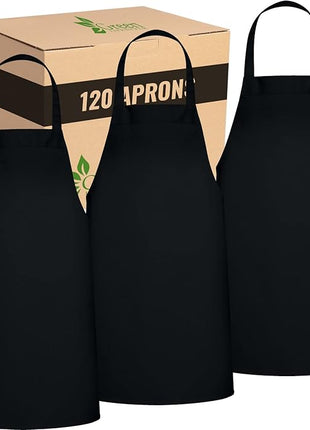 GREEN LIFESTYLE 120 Pack Bib Aprons - Unisex Machine Washable Kitchen BBQ Aprons Bulk (Pack of 120, No Pockets, Black)