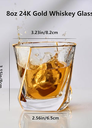 GLASKEY Crystal Whiskey Glasses Set of 2 with 24K Gold Rim,Bar Glasses,Twisted Whiskey Glass Gold Collection for Bourbon,Scotch and Wine,Rock Barware for Men Gift - 8oz