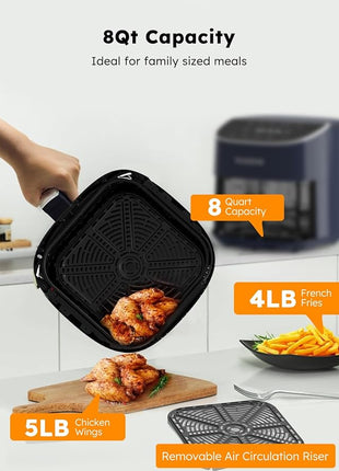 Nuwave Brio Plus 8 Qt Air Fryer, PFAS Free, New & Improved, Digital Touch Screen, Cool White Display, 50°F~400°F in Precise 5°, 5 Cook Functions, 100 Presets & 50 Memory, 3 Wattages 700, 1500, 1800
