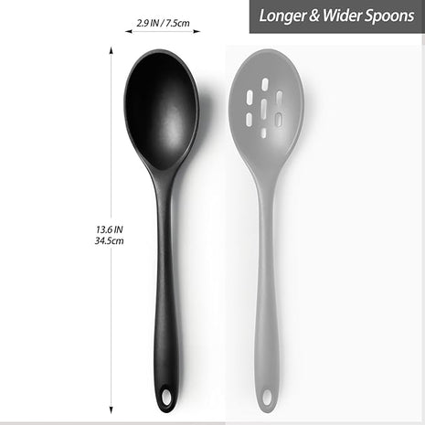 Silicone Spoons for Cooking - Extra Large Kitchen Spoons for Mixing, Serving, & Stirring - 600°F Heat-Resistant Non Stick Utensils Ladle - Dishwasher Safe, Solid,Black