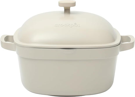 Crock-Pot Northvale Cast Aluminum Lightweight Durable 5.2 Quart Heavy Duty Dutch Oven Pot With Lid, Oven Safe, Dual Handles - Matte Linen White