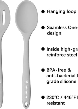 Silicone Spoon, Nonstick Kitchen Silicone Slotted Solid Spoons for Cooking Dishwasher Safe for Nonstick Cookware, Heat Resistant Grey Silicone Serving Spoon BPA Free for Mixing Stirring