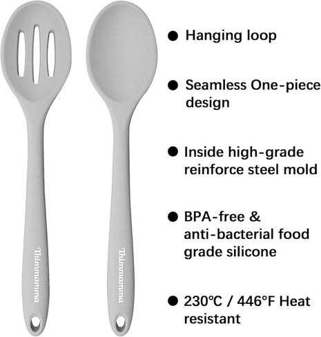 Silicone Spoon, Nonstick Kitchen Silicone Slotted Solid Spoons for Cooking Dishwasher Safe for Nonstick Cookware, Heat Resistant Grey Silicone Serving Spoon BPA Free for Mixing Stirring
