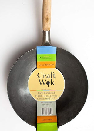 Craft Wok Traditional Hand Hammered Chinese Carbon Steel Wok with Wooden and Steel Helper Handle (14 Inch, Round Bottom Pow Wok Pan) / 731W88