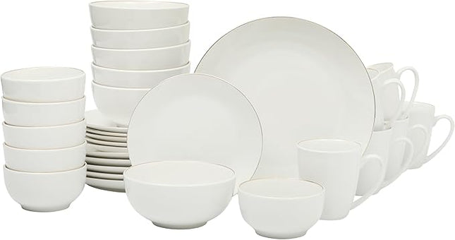 Gibson Home Ogalla 30 Piece Plates, Bowls, & Mugs Dinnerware Set - Service for 6 - White Porcelain W/Gold Band