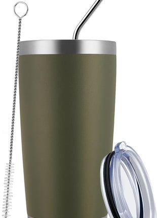 MEWAY 20oz Tumbler Cup Double Wall Vacuum Insulated Travel Mug Bulk, Stainless Steel Tumblers with Lid and Straw, Durable Powder Coated Coffee Cups for Cold & Hot Drinks (Army Green, 1)