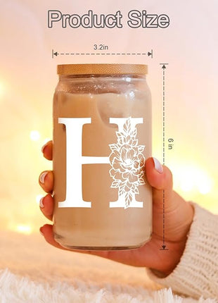 Coolife Initial Glass Cup, Monogrammed Gifts for Women, 16 oz Glass Cups w/Lids Straws, Iced Coffee Smoothie Beer Tumbler w/Straw Lid - Personalized Christmas, Birthday Gifts for Her Mom Friend Woman