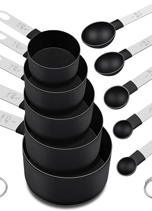 Measuring Cups and Spoons Set, 10 Pieces Nesting Measure Tools, Kitchen Essentials Gadgets with Stainless Steel Handle for Dry & Liquid Ingredient, Black