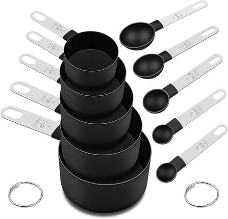 Measuring Cups and Spoons Set, 10 Pieces Nesting Measure Tools, Kitchen Essentials Gadgets with Stainless Steel Handle for Dry & Liquid Ingredient, Black