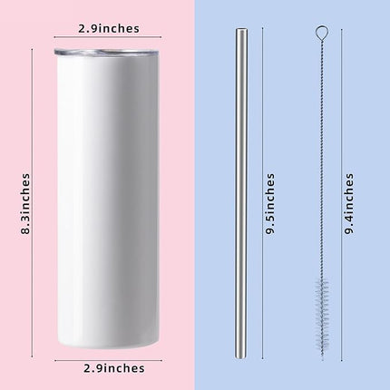 MURRICON 16 Pack Sublimation Tumblers 20 oz Skinny,Stainless Steel Insulated Blanks Tumbler with Lid,Straw,Sublimation Paper,Individually Boxed,Shrink Wrap and Rubber Bottom