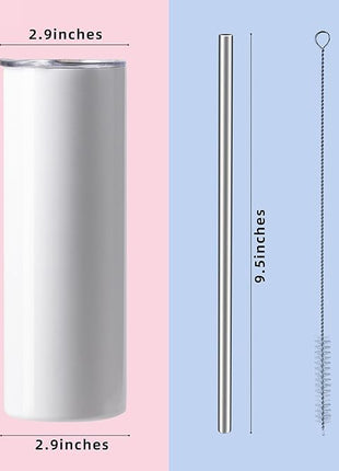 MURRICON Sublimation Tumblers 20 oz Skinny Straight,Stainless Steel Sublimation Blanks Skinny Tumbler,Double Wall Vacuum Insulated Tumblers,with lid and straw,12 Pack